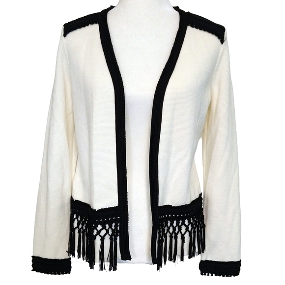 Chico's Alma Lace Blocked Cardigan Cream Black Open Front Boho Contrast Trim - Picture 1 of 9